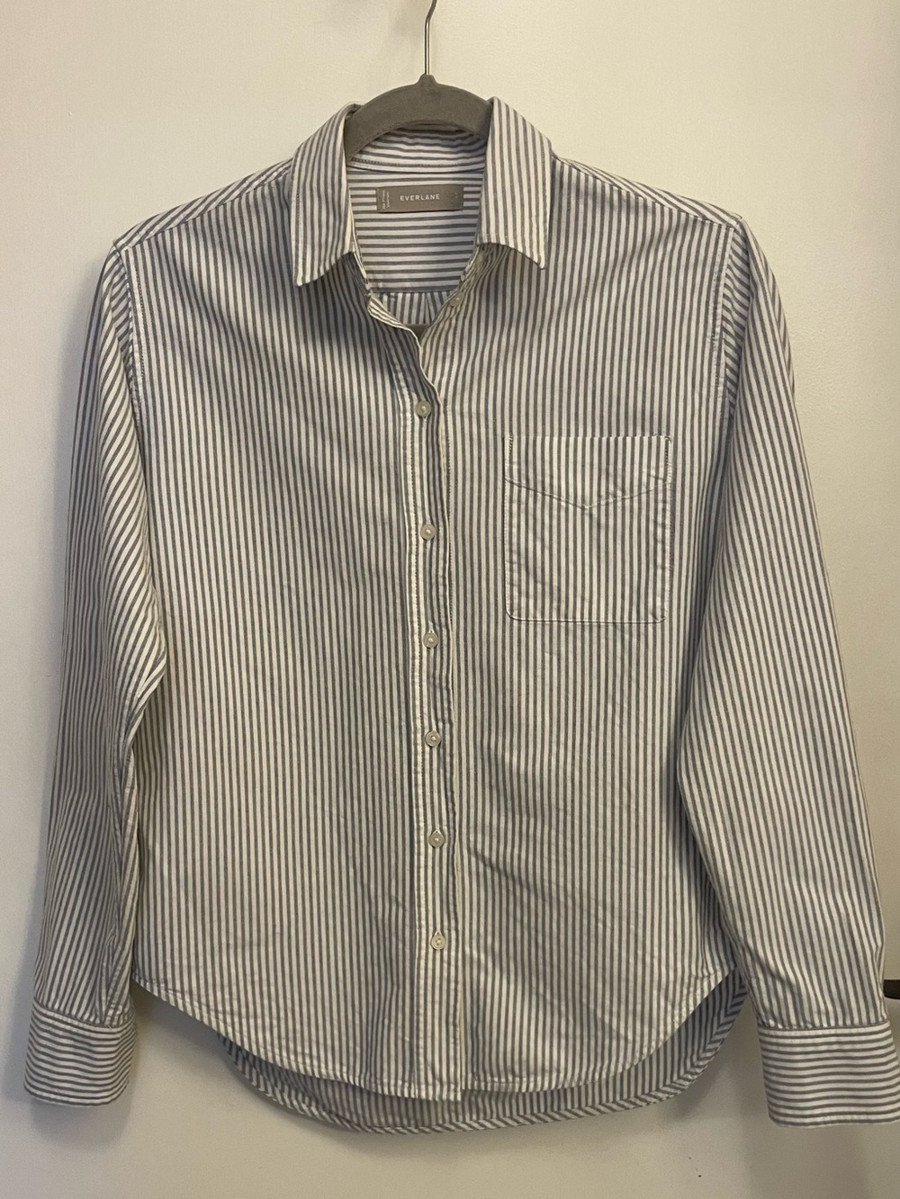 Everlane White and Blue Vertical Stripe Casual Button-Down Shirt